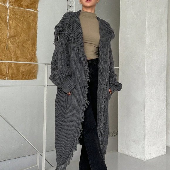 Grey Preppy Dazy Star Solid Color Long Cardigan With Large Lapel And Fringed Hem - Picture 5 of 5